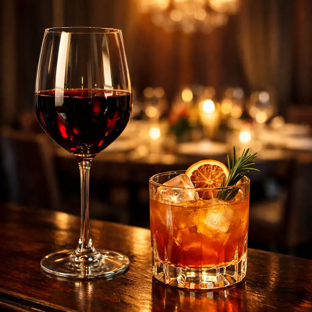 A glass of red wine and a craft cocktail on a dark wooden bar