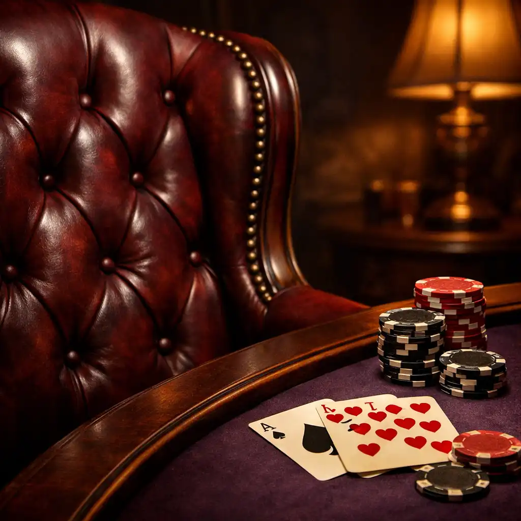 A leather armchair beside a dark wood poker table with chips and cards in the Card Lounge