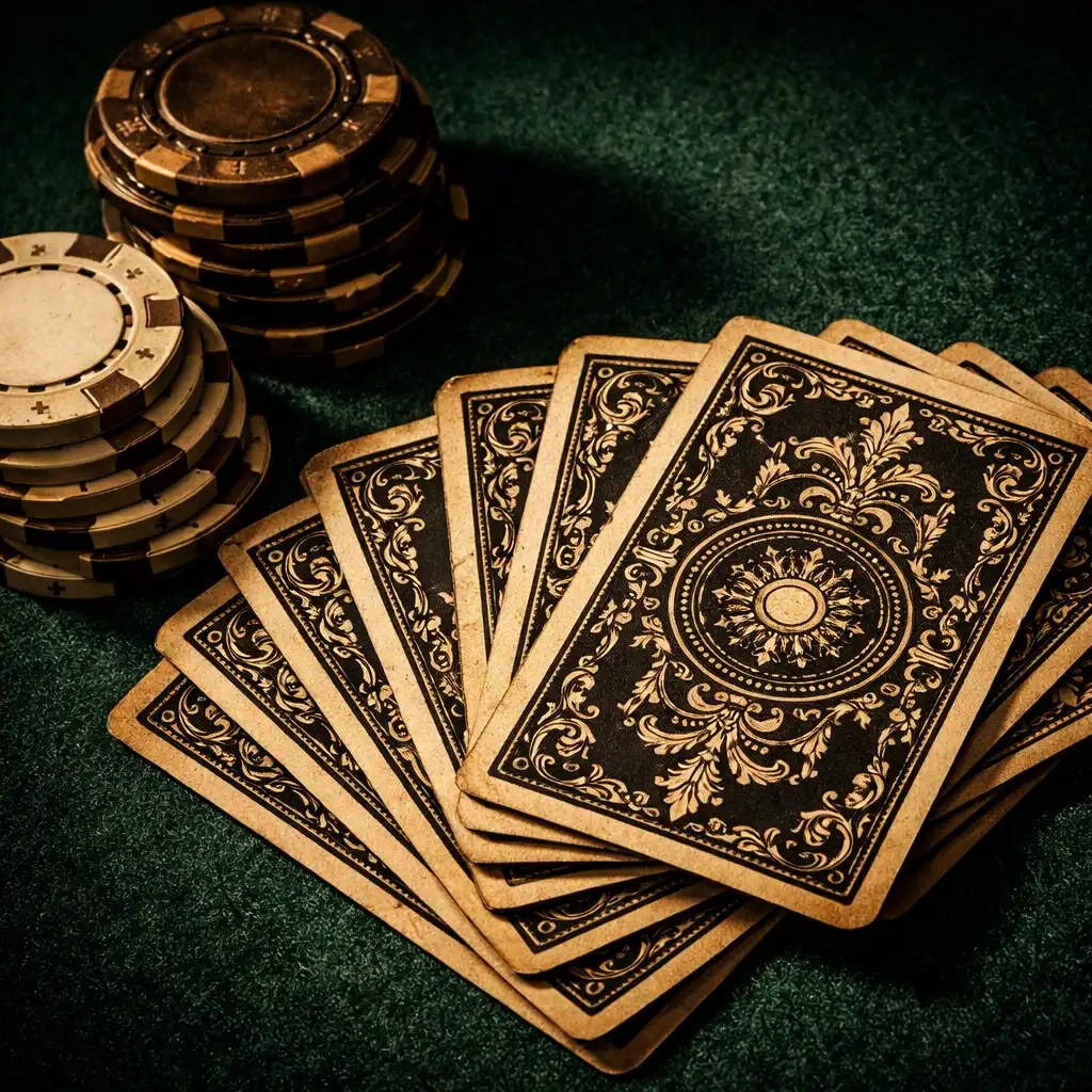 Playing cards and poker chips on a dark green felt table with dramatic side lighting
