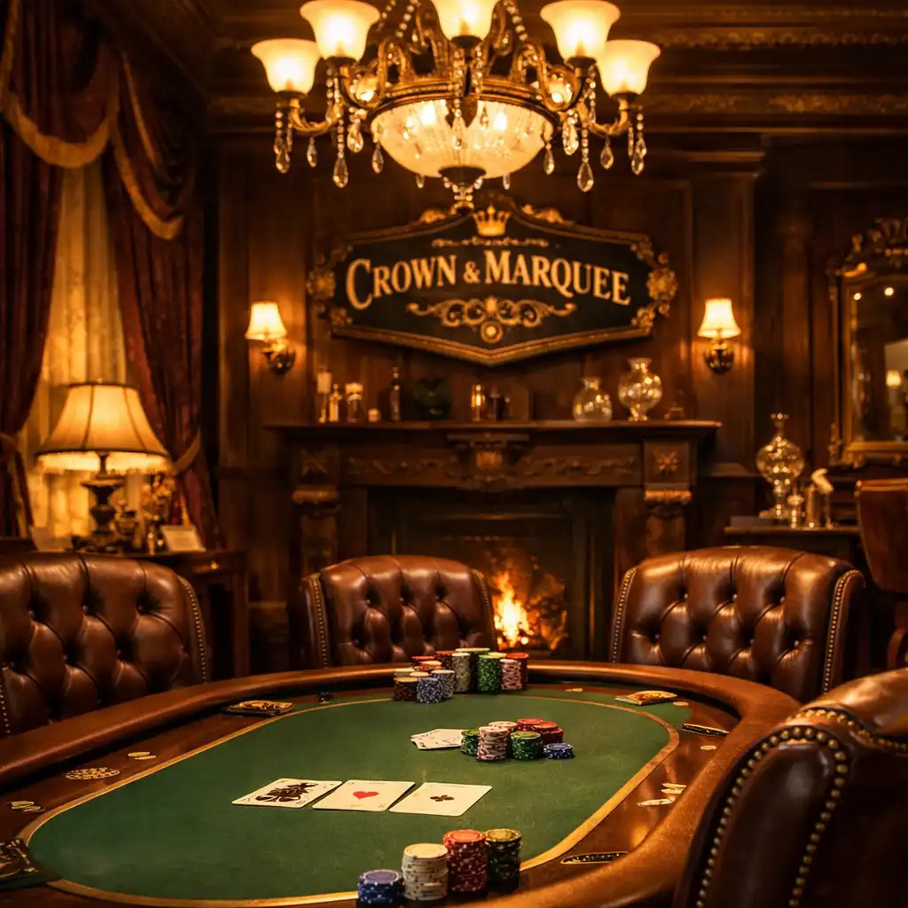 Interior of the Crown & Marquee card lounge with a poker table, leather chairs, and ornate Victorian decor