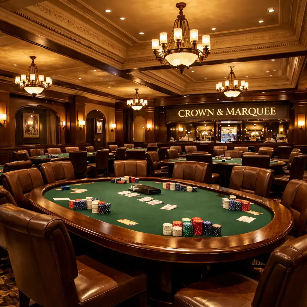 Wide view of the Crown & Marquee card lounge with several poker tables and leather chairs