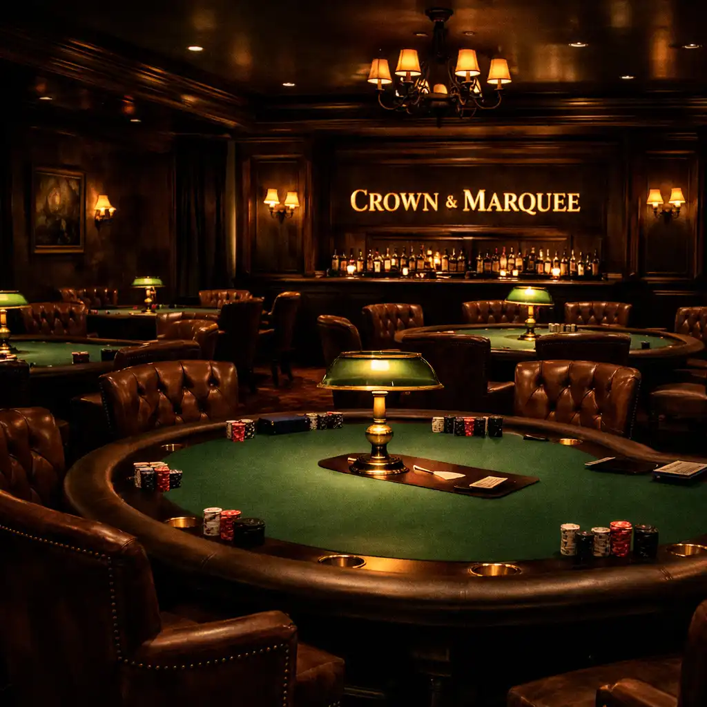 Wide view of the card lounge with several poker tables, leather chairs, and warm brass lamps