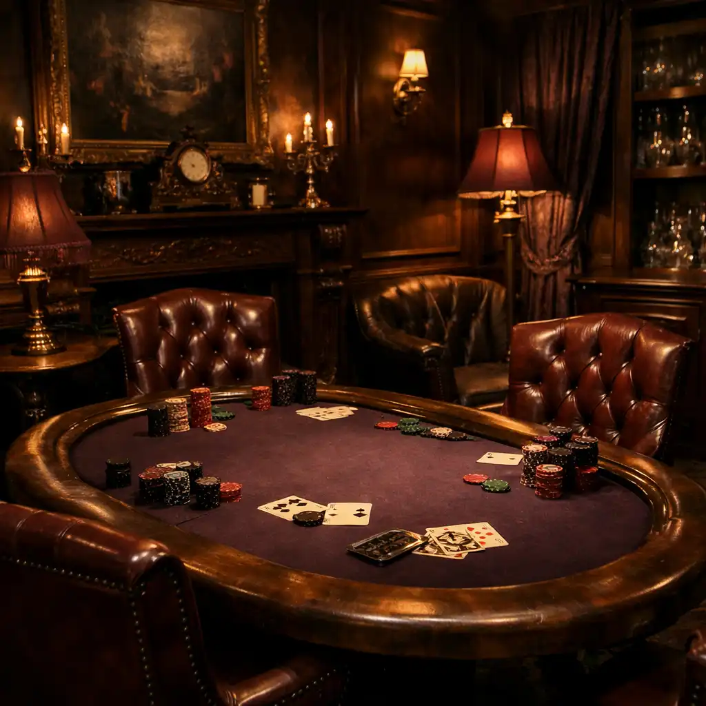 The dimly lit card lounge at Crown & Marquee with leather chairs around a poker table