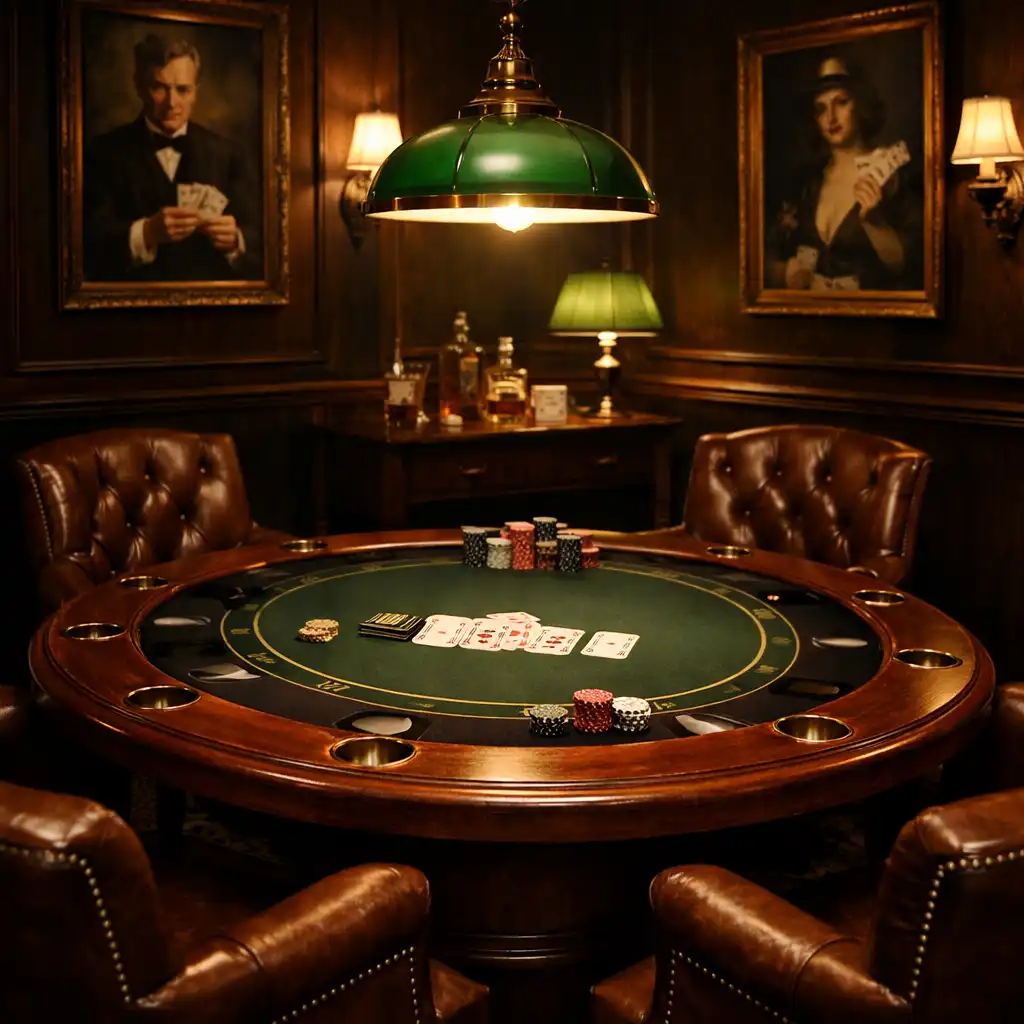 The Card Room with a custom poker table as the centrepiece, surrounded by leather chairs