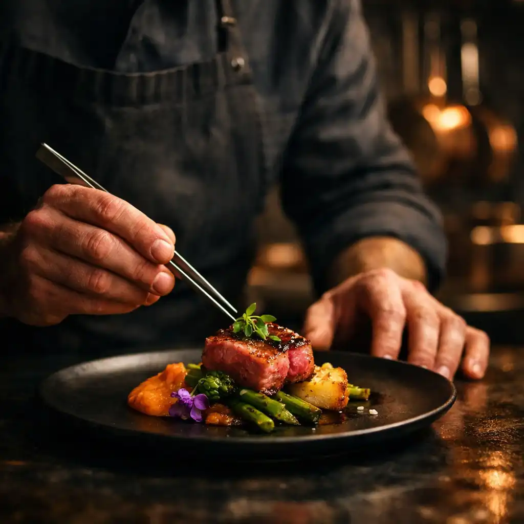 Chef carefully plating a refined dish in a moody kitchen