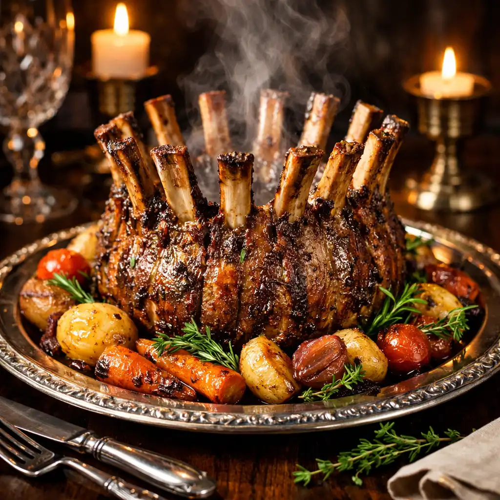 Crown roast of lamb presented on a silver platter with roasted vegetables