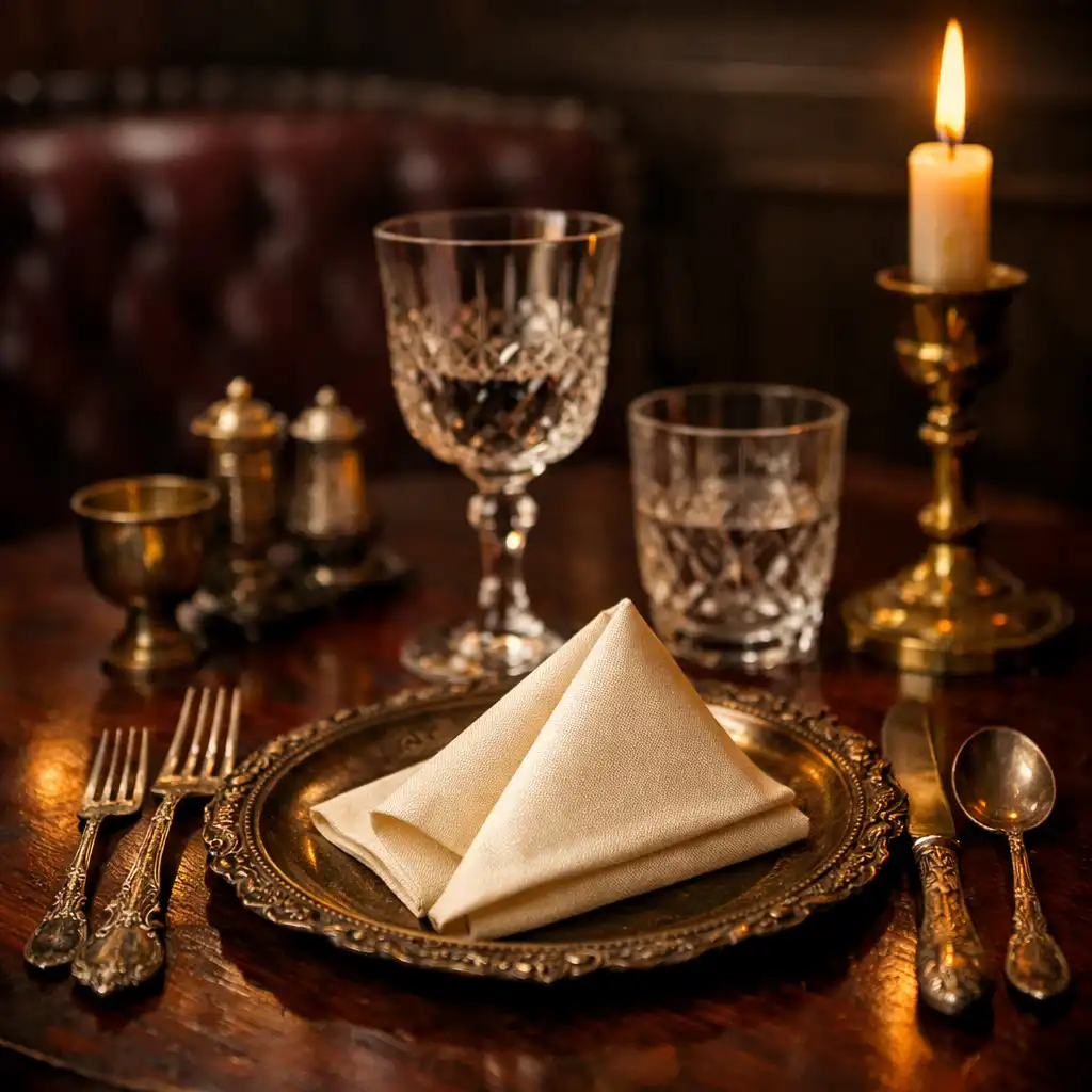 Close-up of an elegant dining table setting with antique silverware, crystal glasses, and a candle in the Crown & Marquee restaurant
