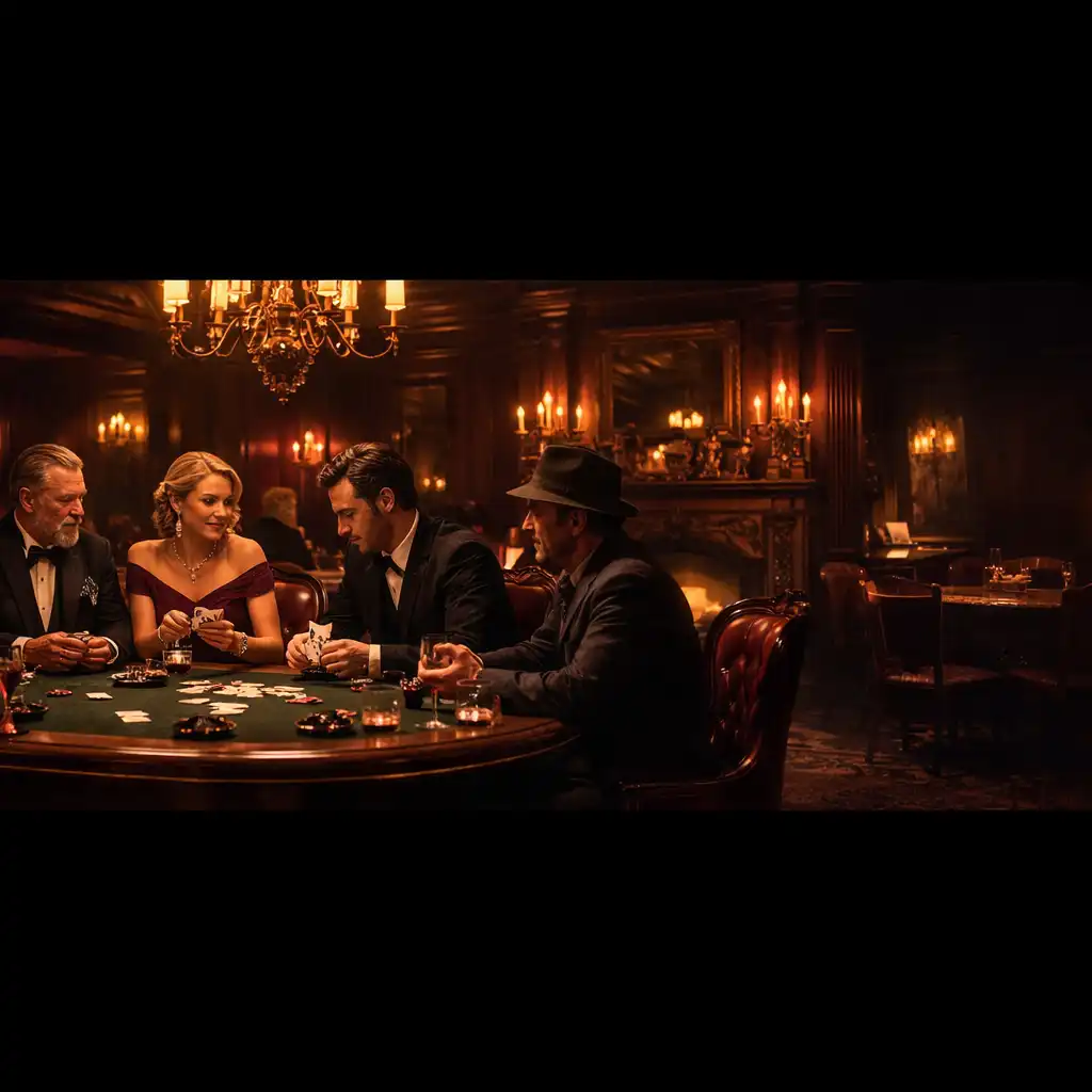 A grand Neo-Victorian dining room with a poker table in the foreground, elegantly dressed guests, and warm ambient lighting.