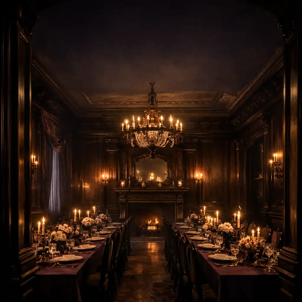 The grand Neo-Victorian dining room at Crown & Marquee with high ceilings, dark wood paneling, and candlelit tables