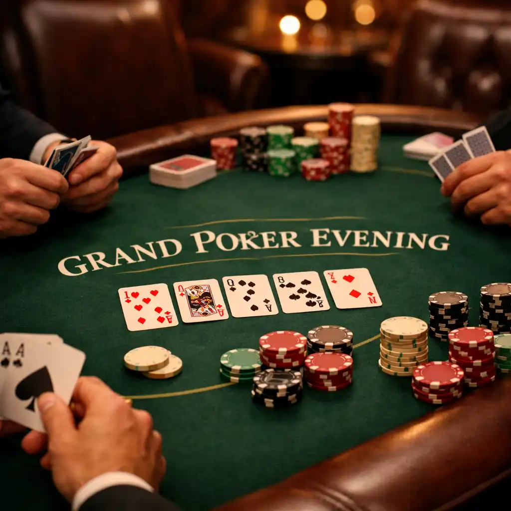 A close-up of a poker table during the Grand Poker Evening, showing cards and chips with players' hands visible.