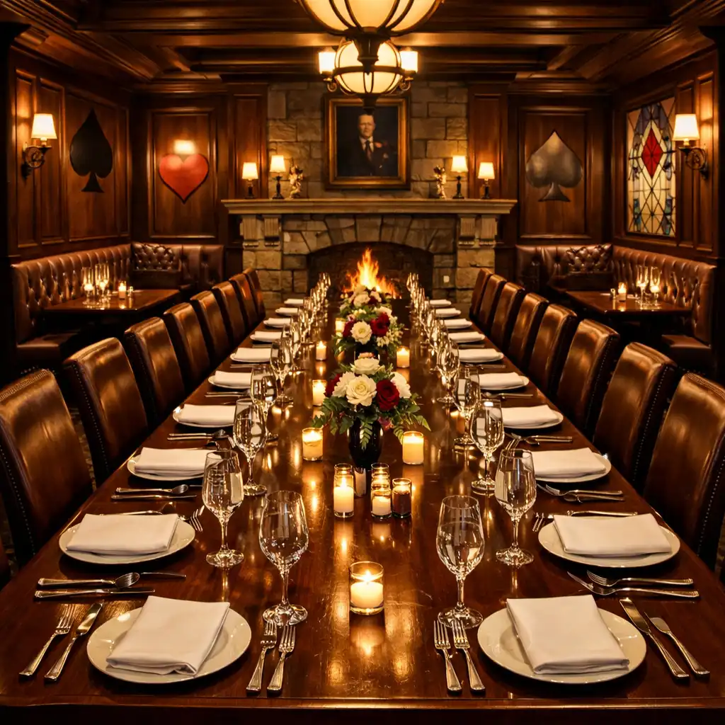 The Heritage Room with rich wood panelling, a fireplace, and a long dining table set for guests