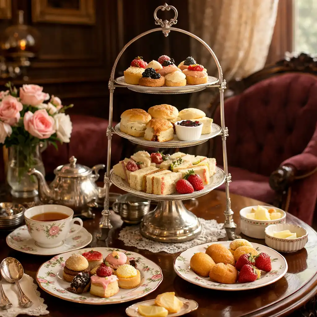 Victorian high tea spread with delicate pastries and finger sandwiches in an elegant lounge