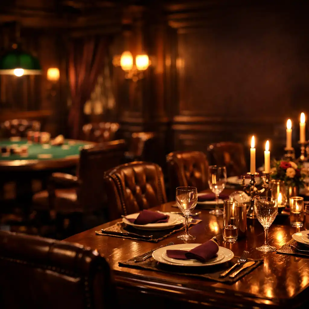 Grand Neo-Victorian dining room with dark wood, leather chairs, and candlelight