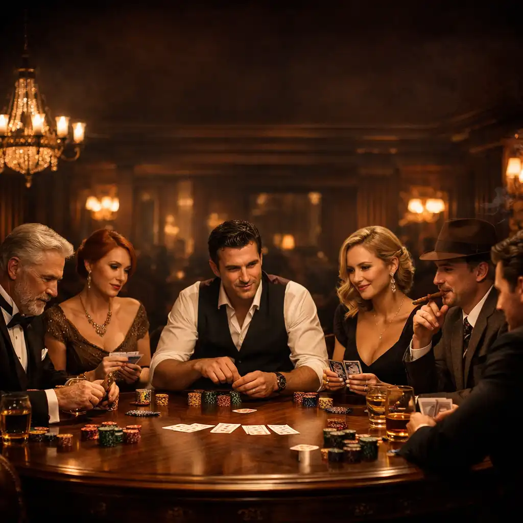 A group of elegantly dressed players enjoying a poker game at a grand wooden table in the Crown & Marquee card lounge