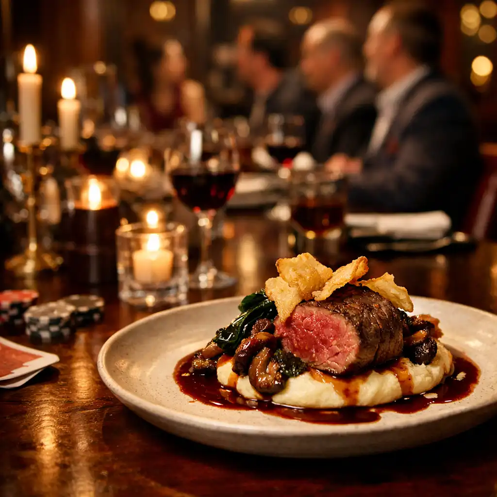 A beautifully plated dish in the foreground with guests conversing at a long dining table in the background.