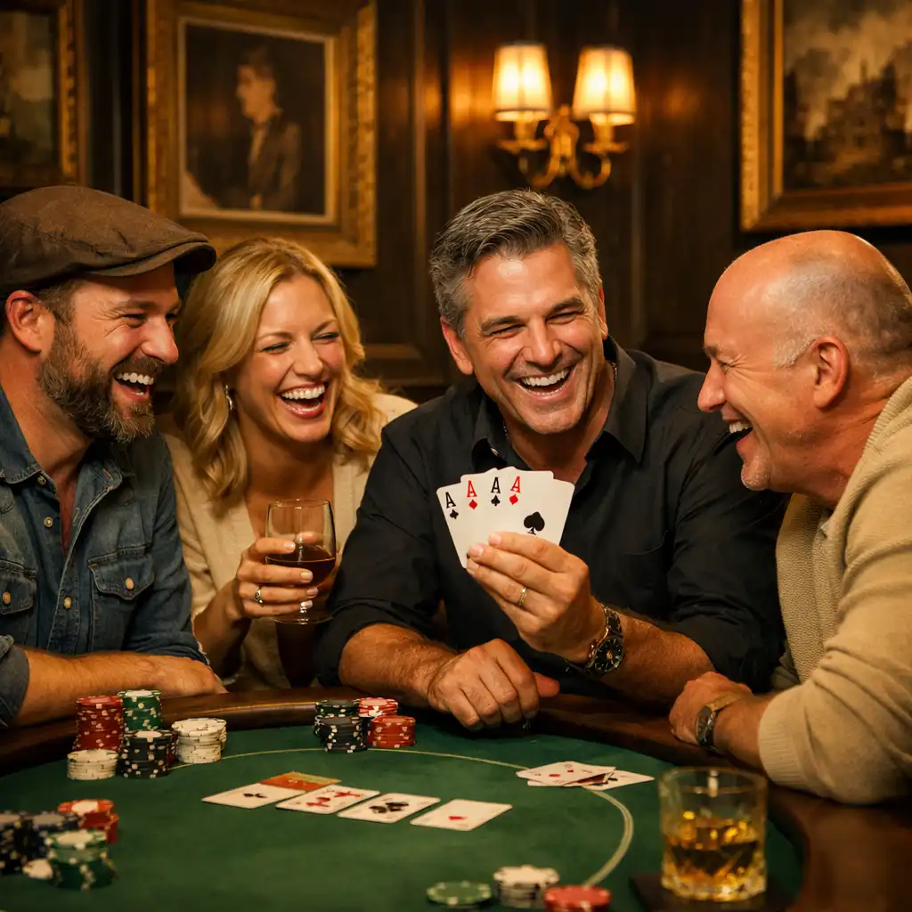 A group of four people laughing around a poker table during a past event at Crown & Marquee.
