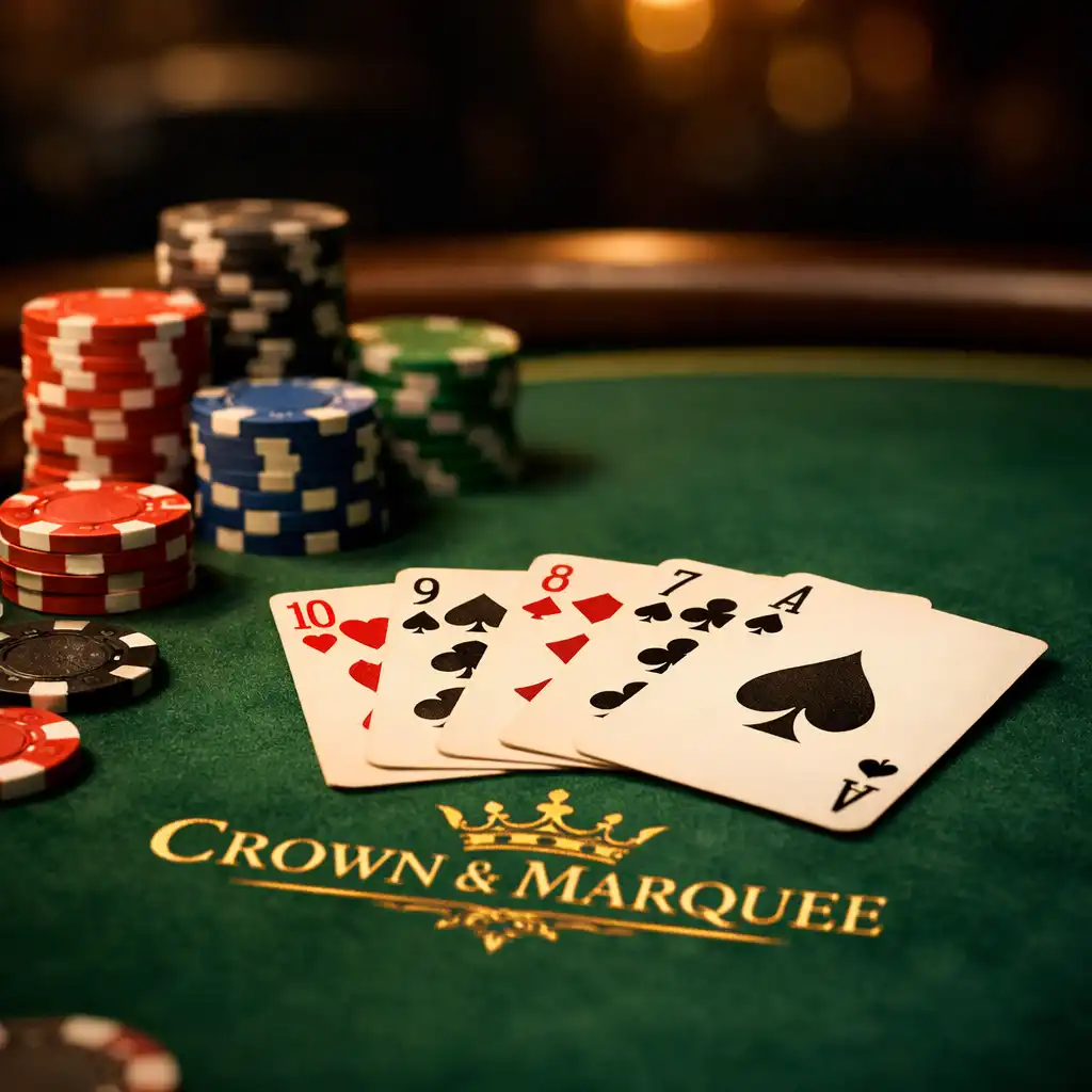 Close-up of a poker table showing green felt, a spread of playing cards, and stacks of clay chips