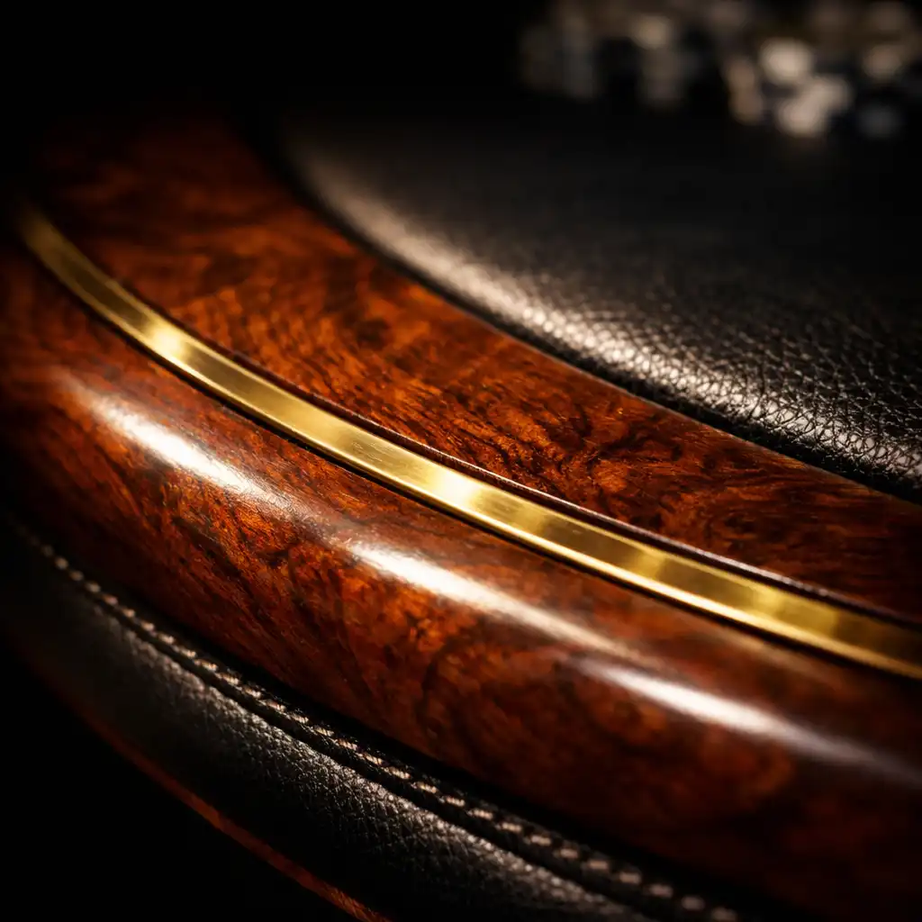 Close-up of a poker table edge showing intricate wood grain and a brass inlay