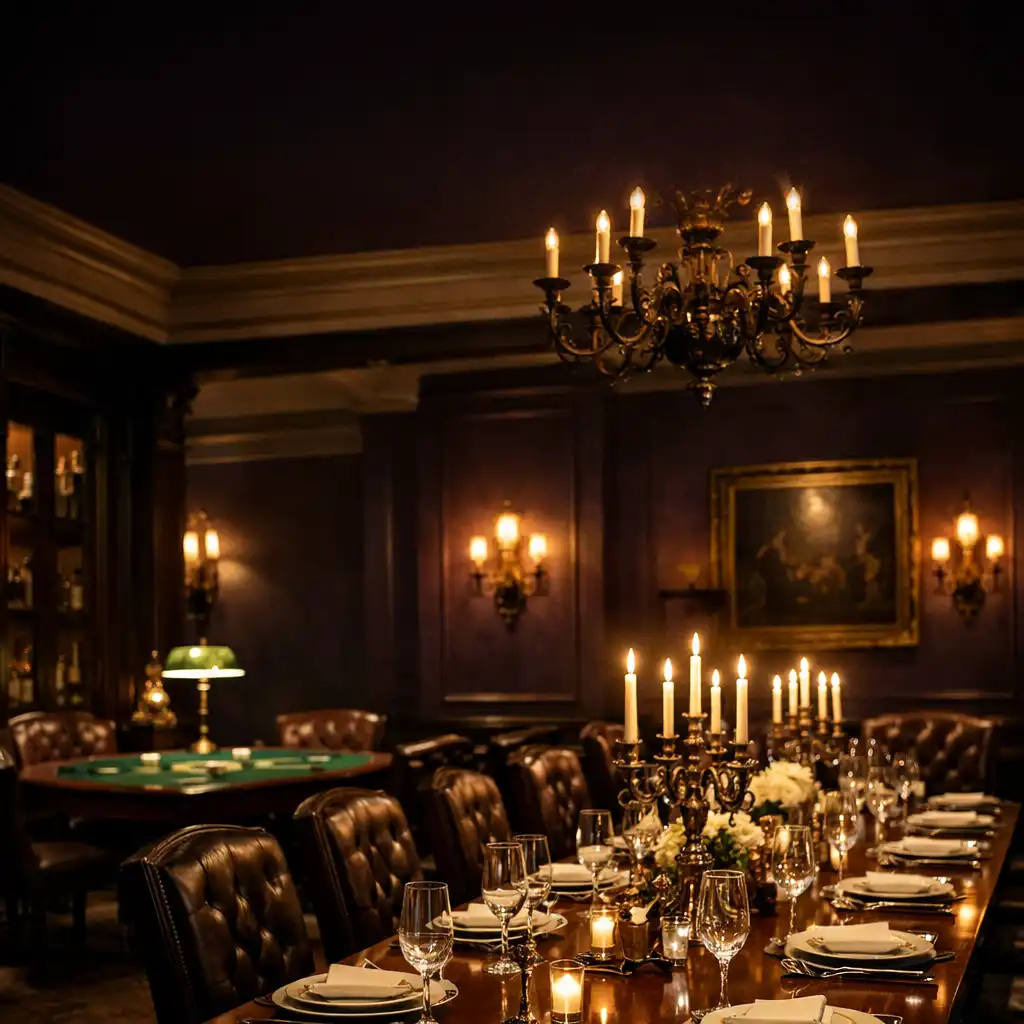 Grand private dining room at Crown & Marquee with a long table set for dinner and a poker table in the background
