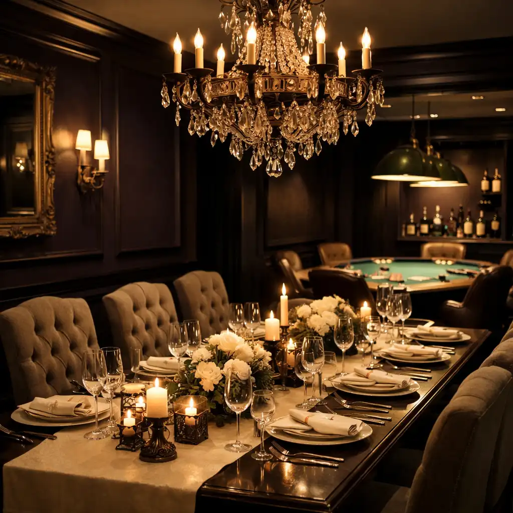 A private dining room at Crown & Marquee with a long table set for dinner and a poker table visible in the background