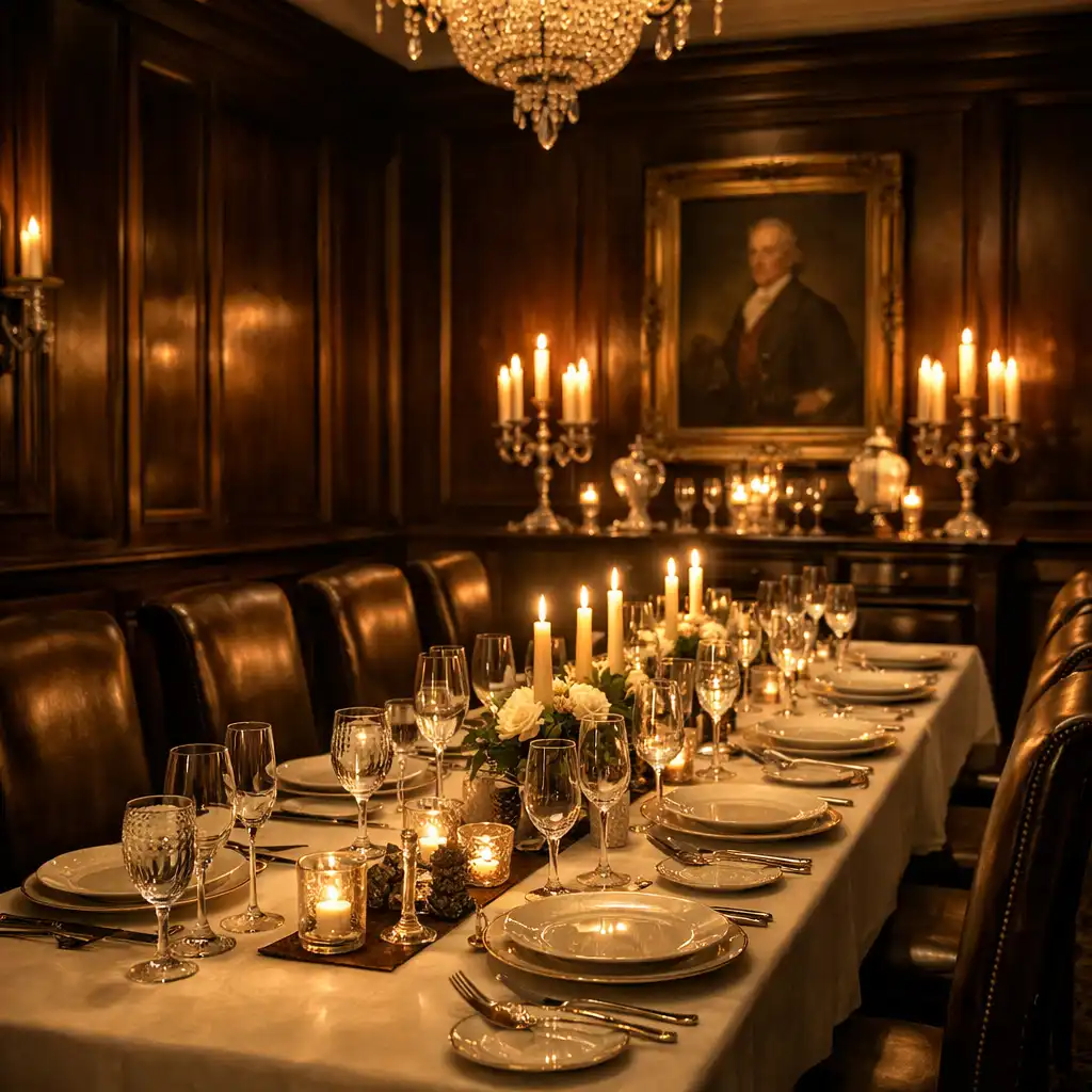 Elegant dining room with a long table set with fine china and crystal, surrounded by high-back leather chairs
