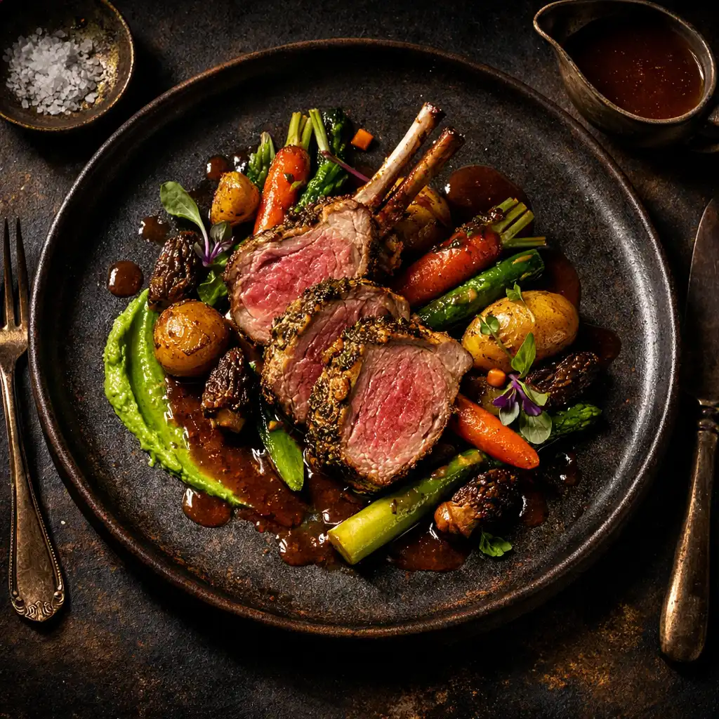 A beautifully plated signature dish of roasted lamb with seasonal vegetables on a dark ceramic plate