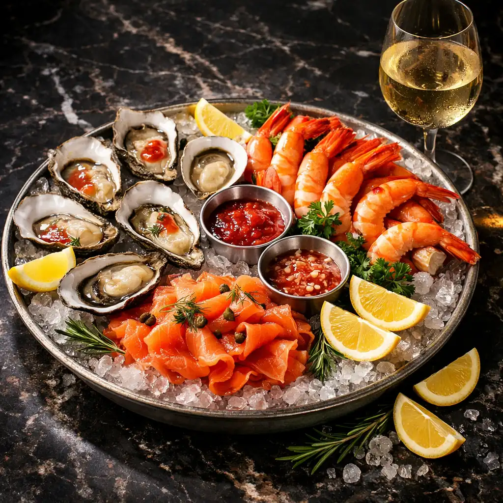 Opulent seafood platter with oysters, prawns, and smoked salmon on a dark marble surface