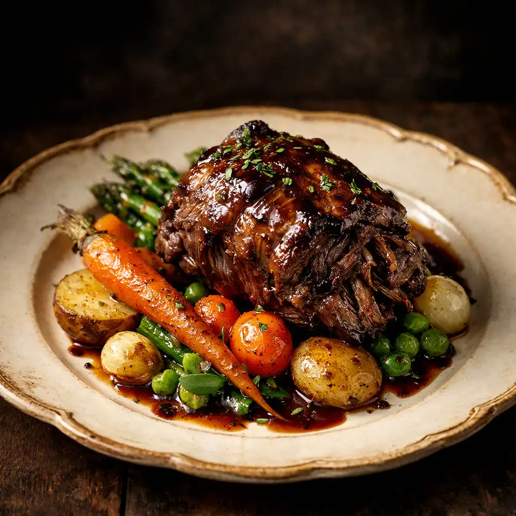 Slow-braised lamb shoulder plated with seasonal vegetables